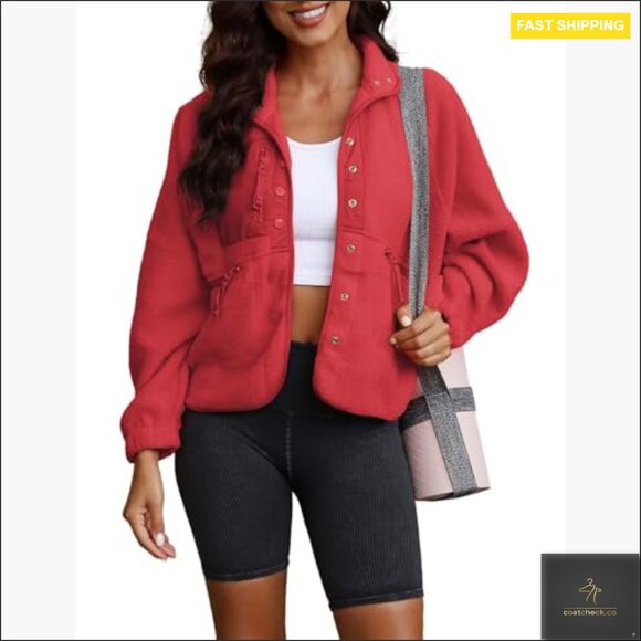 Cropped Sherpa Fleece Jacket Oversized Lapel Button Down Winter Coats - Picture 6 of 7